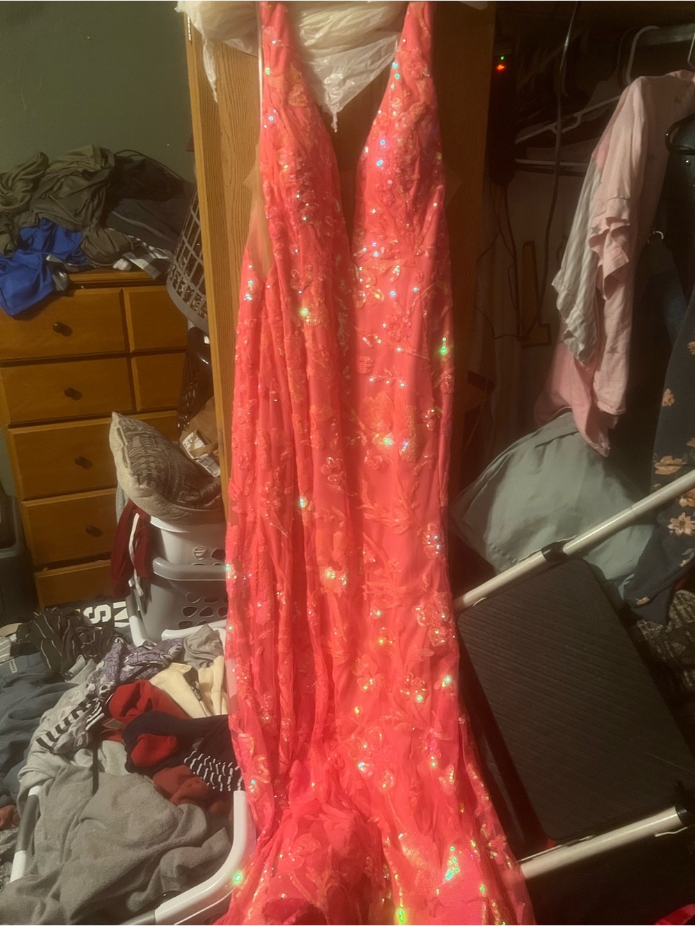 Elegant Coral Sequin Halter Prom Dress